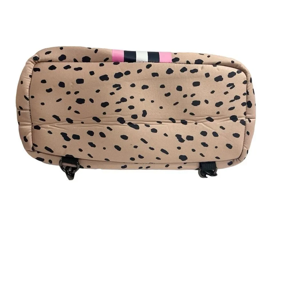Neoprene tote & clutch, pink with black spots, zipper closure & backpack strap